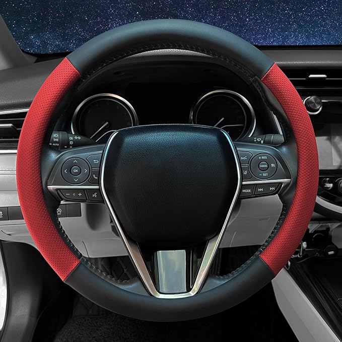 Mihecor Steering Wheel Cover Standard Size 14.5-15 inch, Non-Slip Car Wheel Cover Protector, Breathable Microfiber Leather, Black and Red