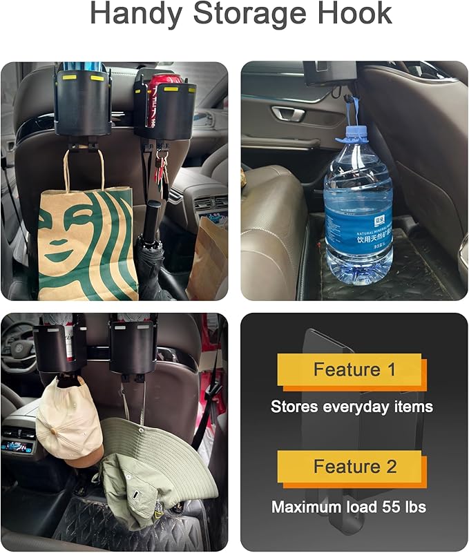 Headrest Cup Holder for Back Seat, Stable Spill-Resistant Drink Holder with Hooks for Bags, Fits 50oz Bottles, Compatible with Sedans, SUVs, and Trucks 1 Pack