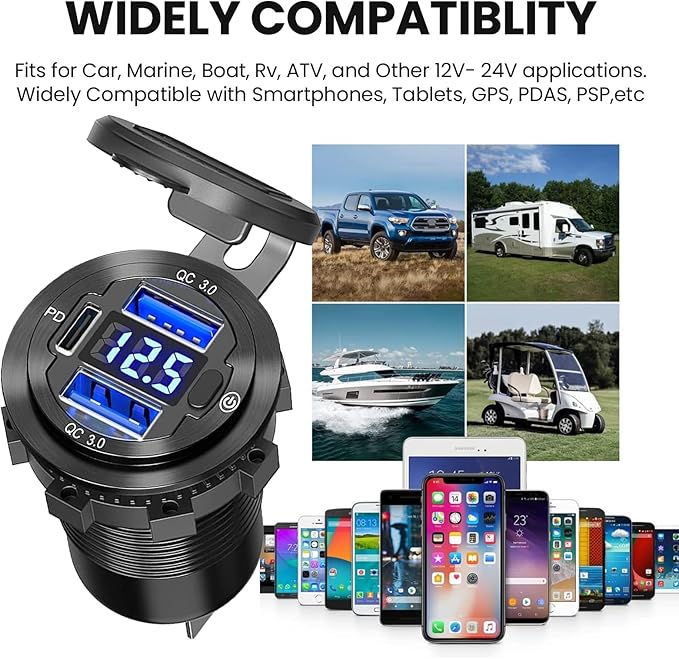 12V USB Car Socket, 3-Port Marine Aluminum USB Quick Charge Waterproof Cigarette Round USB C 12V Outlet for Car Golf Cart Boat Marine Bus Truck RV Marine Motorcycle etc(2QC+1PD(1Pack))