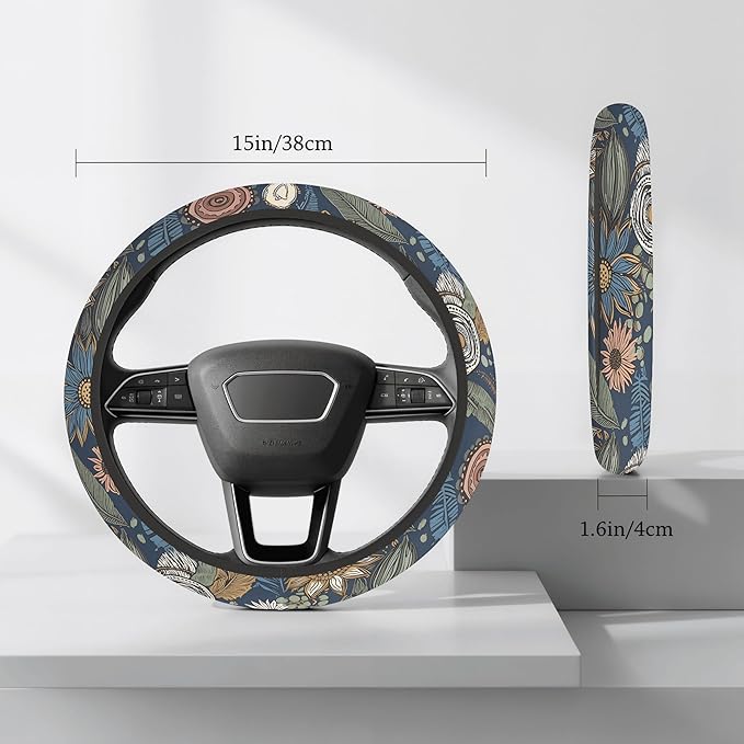 Cute Steering Wheel Cover for Women, Machine Washable Universal 14.5-15.5 inch Non-Slip Grip All Weather Use (Retro Floral Blue)