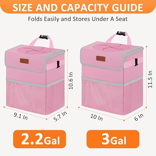 Vankor 3 Gallons Car Trash Can with Lid, Car Trash Bag Bin Hanging Waterproof Automotive Garbage Cans Leak Proof Vehicle Trash Can Pink