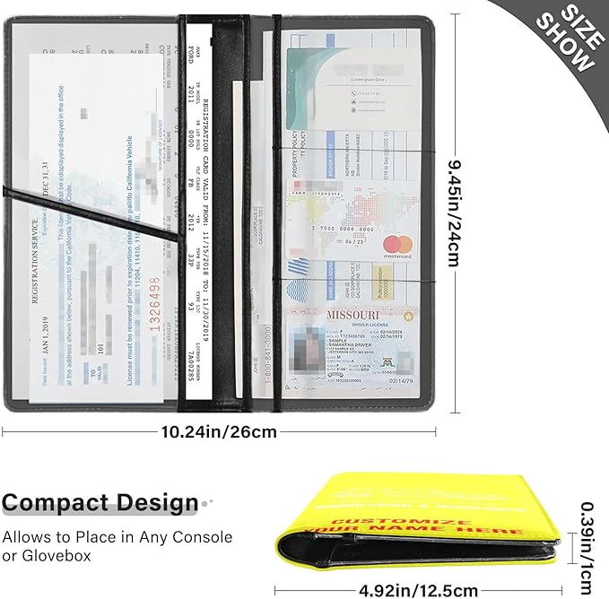 Custom Car Registration and Insurance Card Holder Personalized Leather Glove Box Organize Men Women Wallet Accessories Case for Cards, Essential Document Driver License Yellow