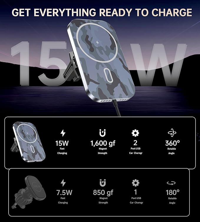 for MagSafe Car Mount Charger with Adapter, 360° Rotation Magnetic Wireless iPhone Car Charger for Air Vent, Compatible with iPhone 17/16/15/14/13/12 Series (Multi-Gray)