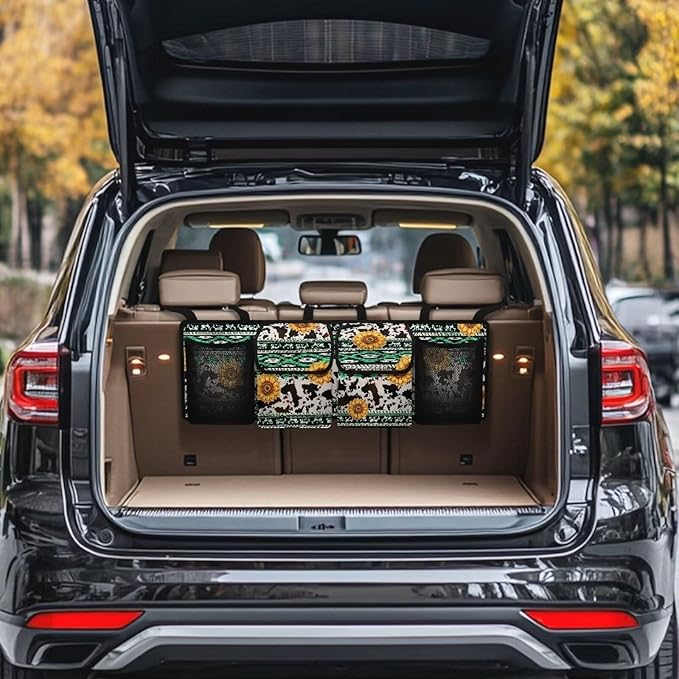 Sunflower Cow Spots Car Trunk Organizer Navajo Aztec Hanging Car Organization Car Storage Bag for SUVs, Vans, Cars