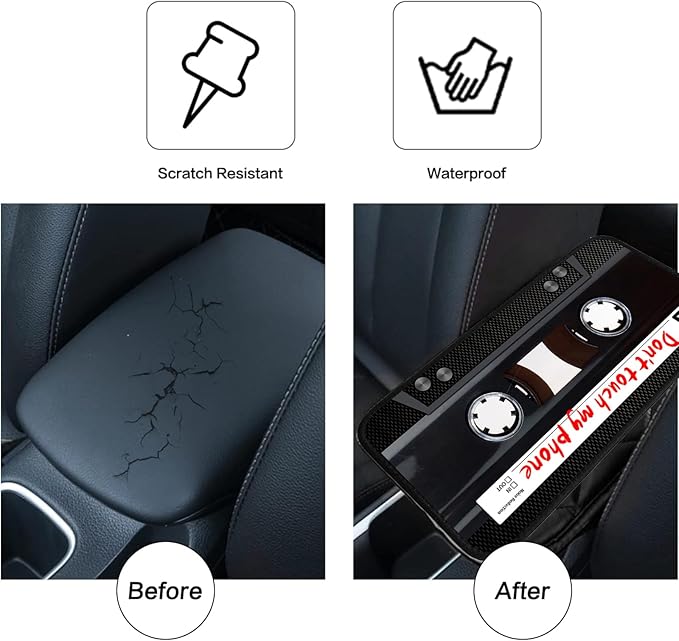JANENFNA Car Armrest Cover Pads Universal Fashion Cute Auto Center Console Armrest Cover Pad with 2PCS Car Coasters Soft Waterproof Car Armrest Seat Protector for Women,Cassette Tape