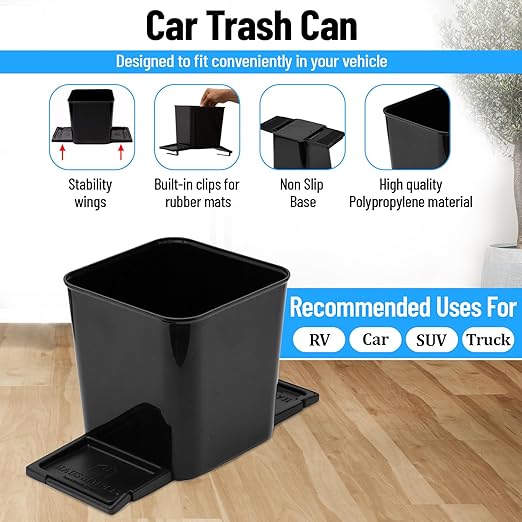 HAUSSIMPLE Car Trash Can for Vehicles Leakproof Compact Garbage Bin w/Stability Flap, Anti-Slip Base, Portable Trash Holder for Cars, Trucks, SUVs, Minivans (Black, Small)