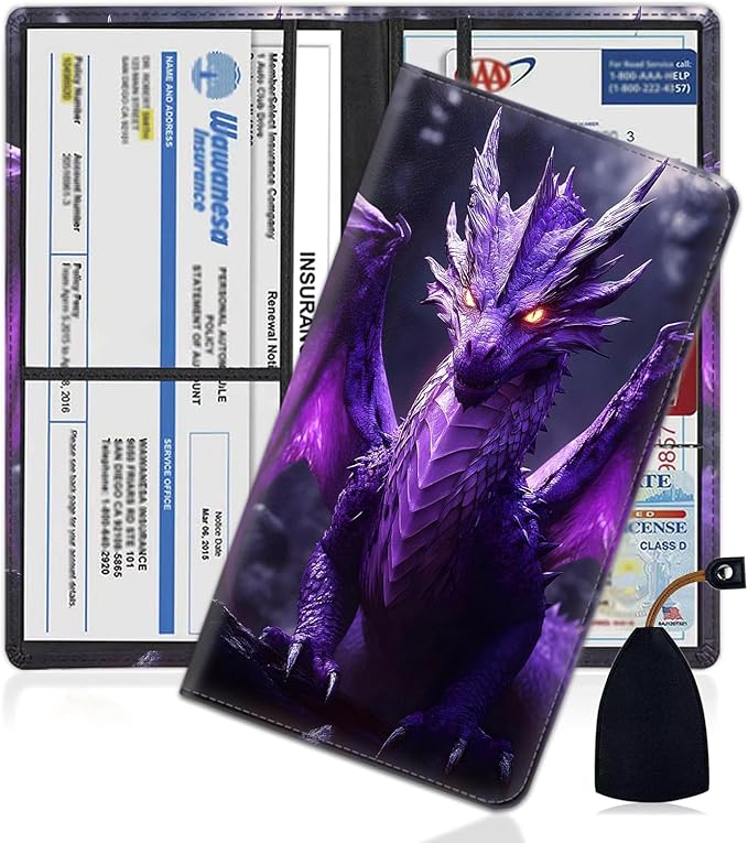 Car Document Holder with Magnetic Shut, Car Registration and Insurance Card Holder, Vehicle Glove Box Organizer Documents, Driver License, Auto Paperwork Organizer Wallet, Purple Dragon Gaze Pattern