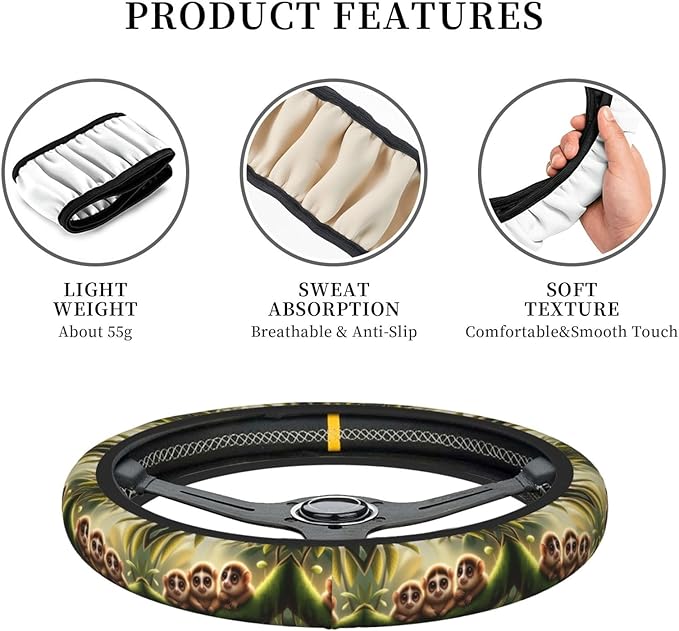 Slow Loris Neoprene Steering Wheel Covers Women Men Car Accessories, Universal 15 Inch Fit Auto, Suvs, Truck