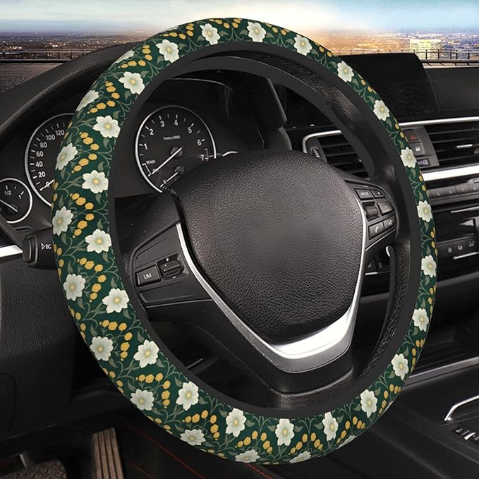 White Green Flowers Floral Neoprene Steering Wheel Covers Women Men Car Accessories, Universal 15 Inch Fit Auto, Suvs, Truck