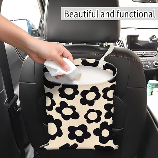 AUEKLLW Car Trash Can, Hanging Garbage Bin for Men and Women, Cute Car Organizer and Storage Bag, Canvas Vehicle Trash Can Bag Easy-to-Install Boho Black Floral