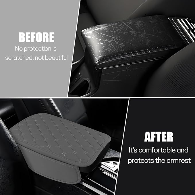 Car Center Console Cover, Leather Auto Armrest Cover Protector, Waterproof Armrest Center Console Pad with 2 Storage Bags, Universal Armrest Seat Box Pad for Vehicle SUV Truck (Gray)
