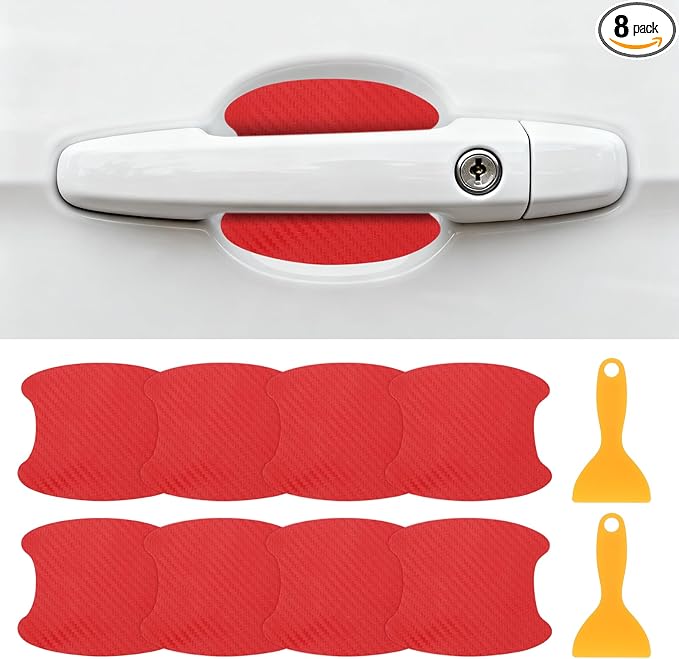 PATIKIL 2.68" x 3.35" Car Door Handle Sticker, 8Pcs Carbon Fiber Anti-Scratches Vehicle Door Cup Protector with Scraper Auto Door Handle Protective Film for Cars Trucks RV SUV, Red