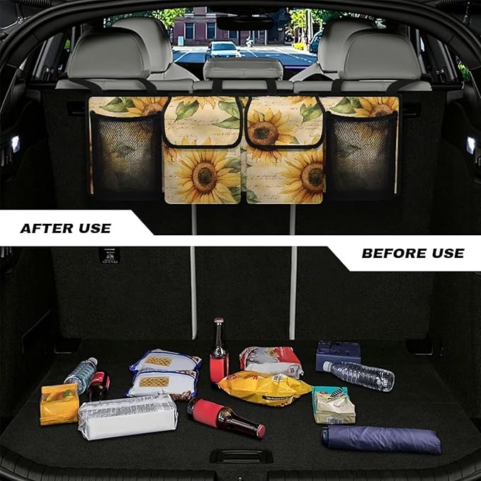 Sunflower Trunk Organizer for Car, Large-Capacity Trunk Storage Organizer with 4 Pocket, Butterfly Car Decor Fashion Car Organizers Storage Back Seat Car Organizer, Keep the Car Clean and Tidy