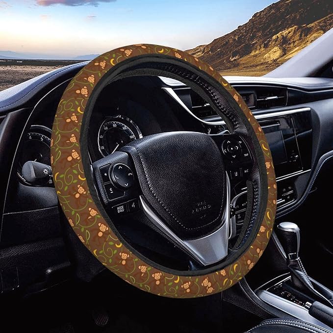 FeHuew Cute Monkeys Bananas Steering Wheel Cover for Women, Girls 15 inch Universal Auto Car Anti Slip Wrap Steering Wheel Covers Fit for Vehicles, Truck, SUV