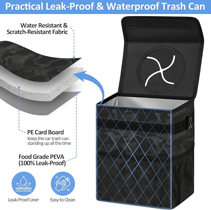 Car Trash Can Bin for Back Seat Leak Proof, Cute Car Trash Bag Hanging, Vehicle Trash Can for SUV Truck Van, Automotive Garbage Cans Front Seat Camo Black