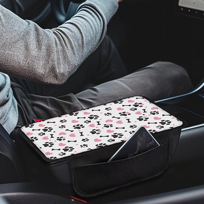 Dreaweet Car Center Console Cover Cute Dog Paw Print Armrest Cover Cushion with 2 Storage Pockets Universal Car Armrest Seat Box Pad Car Interior Accessories Protector for Most Vehicle
