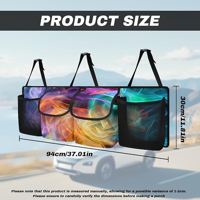 Back Seat Trunk Organizer Hanging Car Organizer Trunk Foldable Cargo Storage with Pockets& 3 Adjustable Straps 37.01x11.81 inch,Car Decoration,Colorful Smoke Abstract Art
