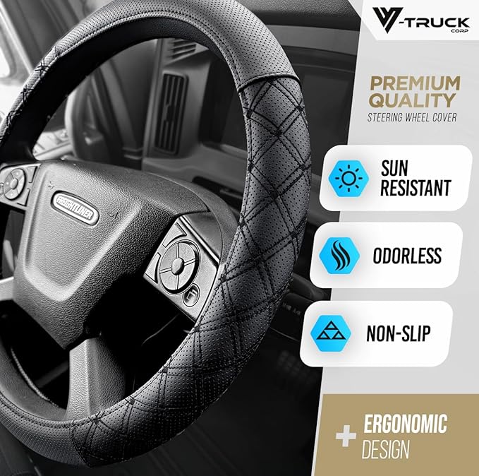 Genuine Leather Steering Wheel Cover for Semi Truck – 18" X-Large, Diamond Stitching, Anti-Slip Grip, Fits 18 Inch Wheels for Big Rig, RV & 18 Wheeler Trucks (Black/Black)