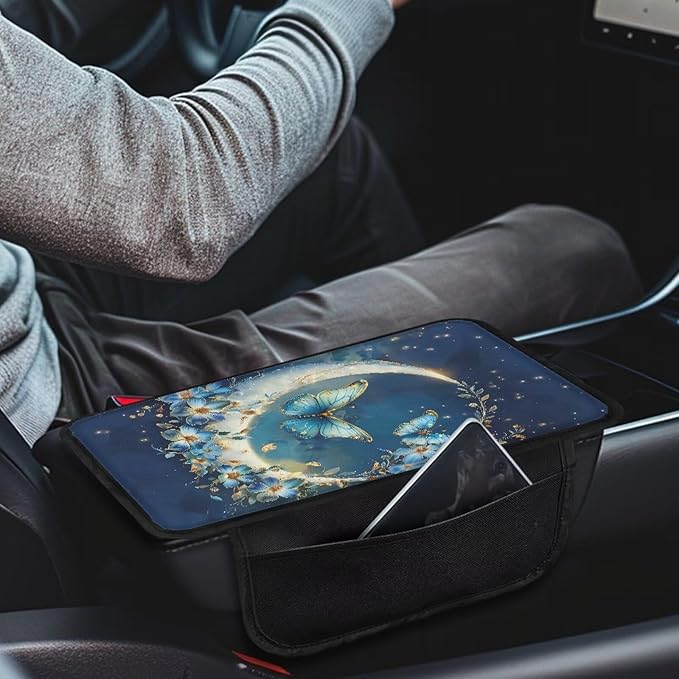 Dreaweet Car Center Console Cover with Pockets Moon Butterfly Car Accessories Arm Rest Cover for SUV Truck Van,Universal Car Armrest Storage Box for Most Vehicles