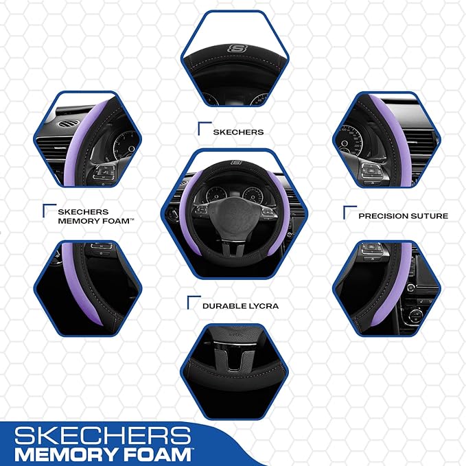 Skechers Steering Wheel Cover, Memory Foam Car Steering Wheel Cover,14.5-15inch Anti-Slip Safety Comfortable Desgin, Universal Accessory for Diverse Cars, Truck,SUV (Black & Purple)