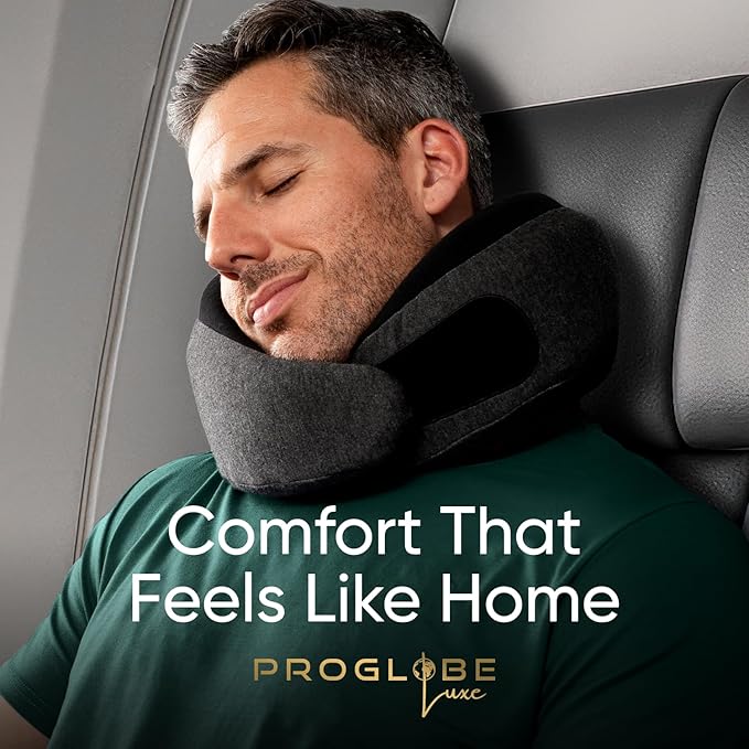 Proglobe Ash Black Memory Foam Travel Neck Pillow for Airplanes, Compact Plane Cushion for Long Flights with Soft Chin Support and Compression Bag, Comfortable Lightweight Air Travel Accessory