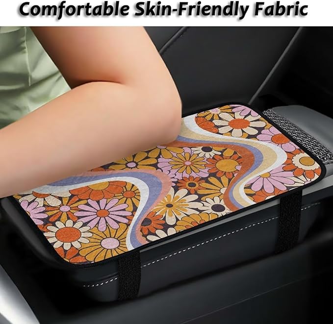 Bulopur Orange Daisy Armrest Cover Car 12.01 x 7.28 Inch Armrest Console Cover Car Center Console Cushion Pad Flannel Protector Vehicle Armrest Cover Vehicle Accessories