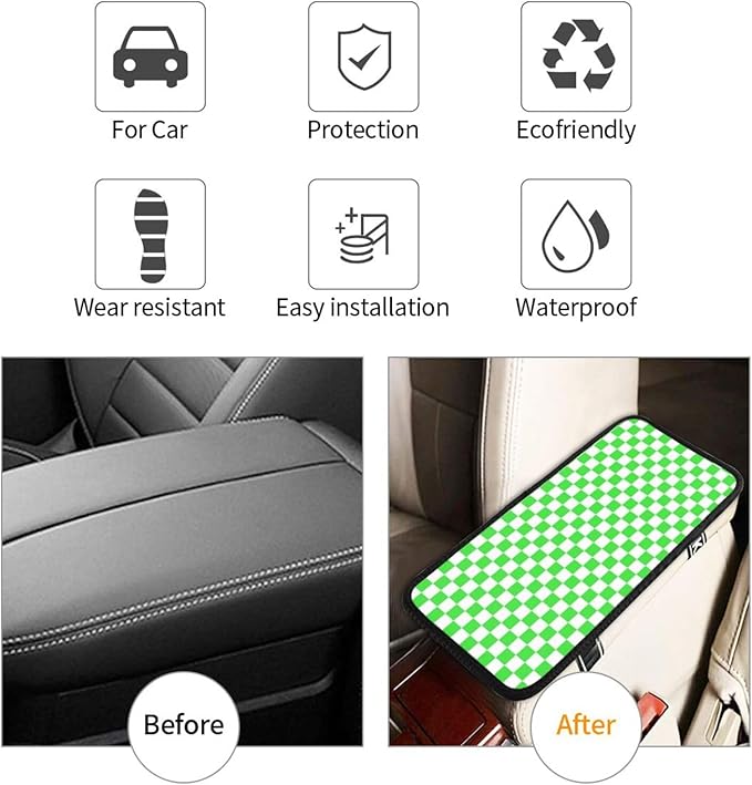 Green White Checkered Chessboard Flag Car Armrest Pad Cute Cars Center Console Cover Auto Handrail Box Cushion Armrests Cover