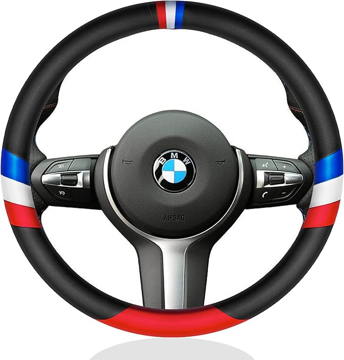 Nappa Leather Car Steering Wheel Cove Sports Protector Non-Slip Leather Steering Wheel 15 Inch Universal Red, White, Blue, Black