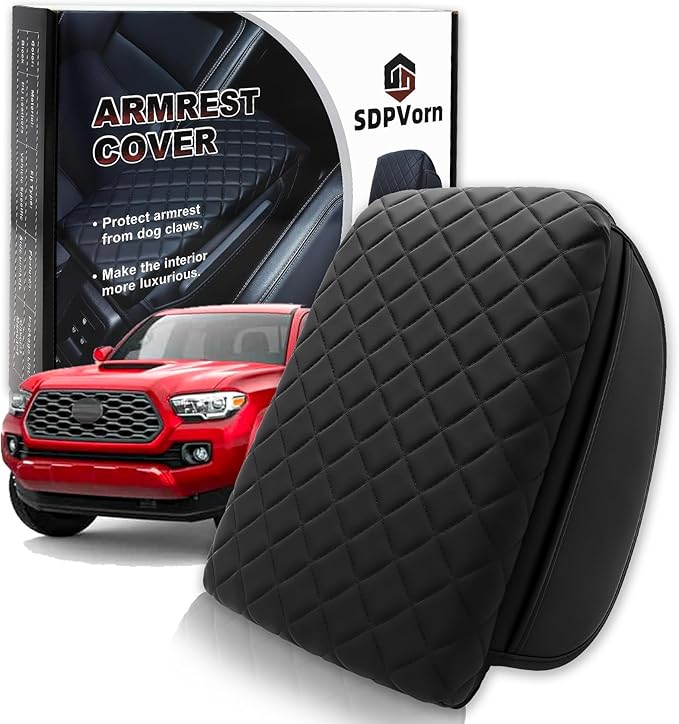 Armrest Cover for Toyota Tacoma Center Console Pad with Organizer Storage Pockets, Black Faux Leather Arm Rest Lid Protector Cushion Interior Accessories (2016-2023)