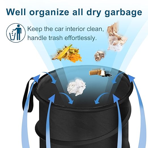 Kincown Car Trash Can, Large-Sized Pop-up Car Trash Bin, Collapsible Garbage Can, Trash Bag with Elastic Band Hanging, Double-Layer Washable Trash Can, Waste Basket with Velcro