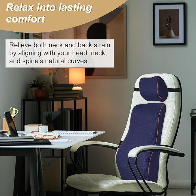 HARFINGTON Car Headrest & Lumbar Support Pillow Kit Memory Foam Ergonomic Seat Headrest & Lumbar Cushion for Driving Office Car Seat, Navy