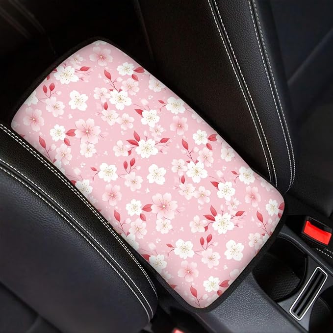Cherry Blossom Pink Center Console Cover for Women,Armrest Cover for SUV,Universal Car Arm Rest Cover Pad