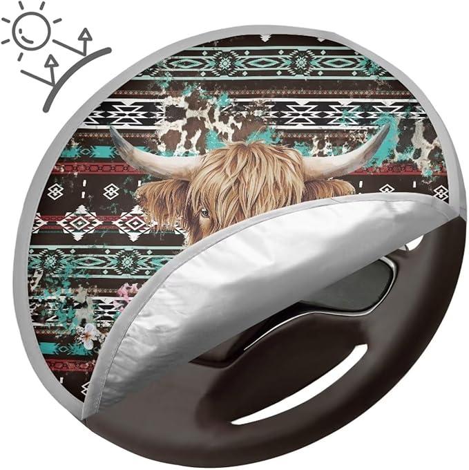 Aztec Universal Steering Wheel Cover Sun Block Highland Cow Car Rudder Reflector Protector for SUV Vehicle Sedan Truck Car Accessories Gift for Her