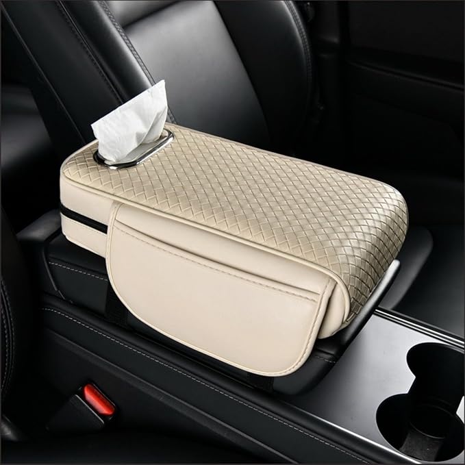 Car Armrest Cushion Cover Car Center Console Memory Foam Booster Pad with Storage Pocket and Tissue Hole for Sedan Vehicle (Beige, 12.99 * 7.09 * 2.95'' / 33 * 18 * 7.5 cm)