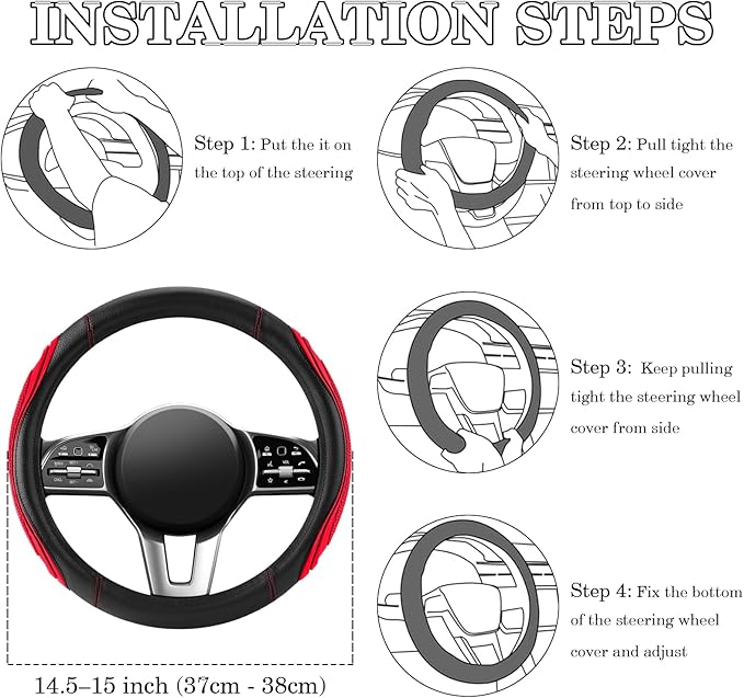 Red Film Splicing Leather Steering Wheel Cover, Microfiber Leather, Anti-Slip, Breathable, Universal Fit for 14.5–15 in Steering Wheel Cover for Men Women