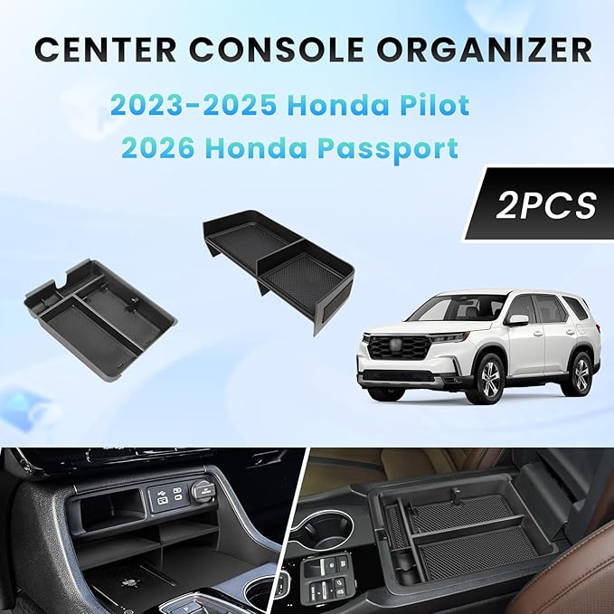 Neepiar 2PCS Center Console Organizer Compatible with 2023 2024 2025 2026 Honda Pilot/ 2026 Honda Passport Armrest Tray Insert Divider Slot Box Secondary ABS Plastic Material Interior Accessories
