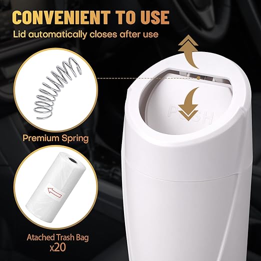 SGLRT Car Trash Can Bin with Lid - Car Garbage Can Cup Holder - White Mini Leakproof Vehicle Trash Garbage Can Bin with 20pcs Trash Bags-Car Organizers and Storage for Front Back Seat Accessories