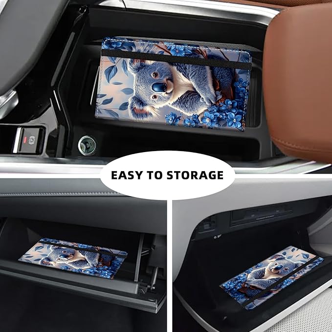Tudguiloae Car Registration and Insurance Card Holder, Trunk Document Holder Organizer, Essential Vehicle Glove Box Organizer PU Leather Wallet for Driver,Blue Flower Koala
