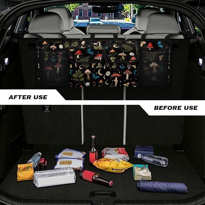 Dreaweet Mushroom Print Trunk Organizer for Car Women,Large Capacity Car Backseat Hanging Organizer for SUV,Van,Car,Cargo Storage Collapsible with 4 Pockets Adjustable Straps