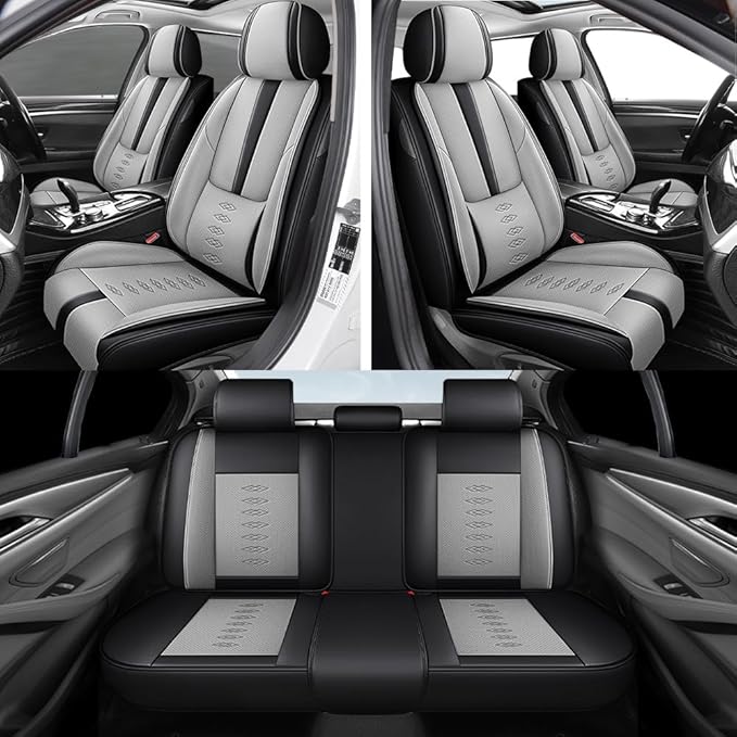 Premium Universal Car Seat Cover, Comfortable Leather Seat Cover for 96% of Models, Waterproof Car Seats Protectors Cushions for 5 Seats(Black+Grey,Pillows)