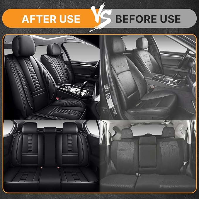 Pengchen Waterproof 5 Car Seat Covers for Nissan Versa 2009-2025, Premium Faux Leather Automotive Front and Back Seat Protectors Compatible with Airbag Black & Black Line