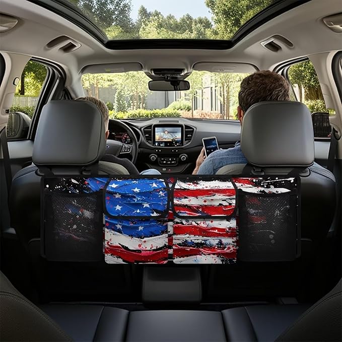 American Flag Print Car Trunk Organizer and Storage, Backseat Hanging Organizer for SUV, Truck, Collapsible Cargo Storage Bag with 4 Pockets, Car Interior Accessories for Men and Women