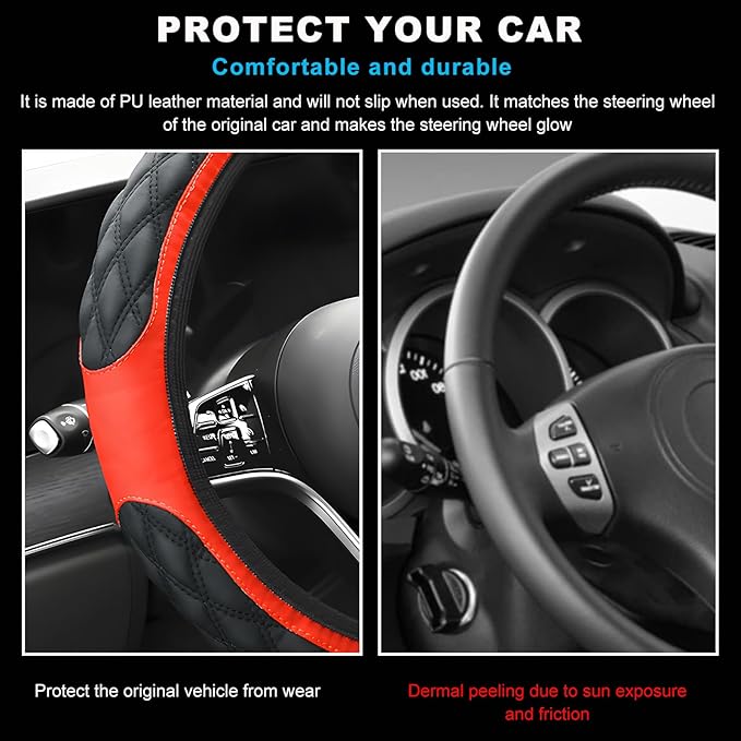 Car Steering Wheel Cover, 15 Inches Non-Slip Leather Car Steering Wheel Protector, Universal Steering Wheel Soft Cover Mats for Car Truck SUV, Interior Car Accessories (Black & Red)