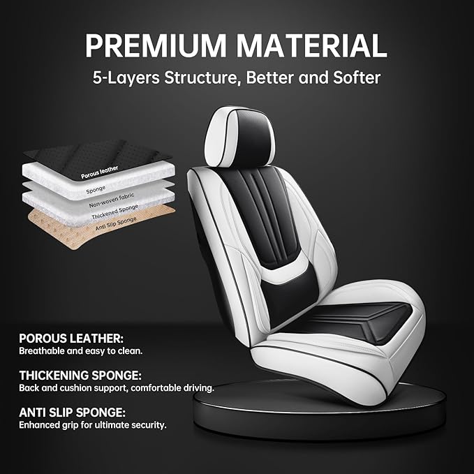 SCDOOCA Car Seat Covers Full Set White Black, Luxury Leather Car Seat Covers, Waterproof and Breathable Seat Covers, Universal Car Seat Protector Fit for Cars, Trucks, SUVs, Pick-ups (Full Set)
