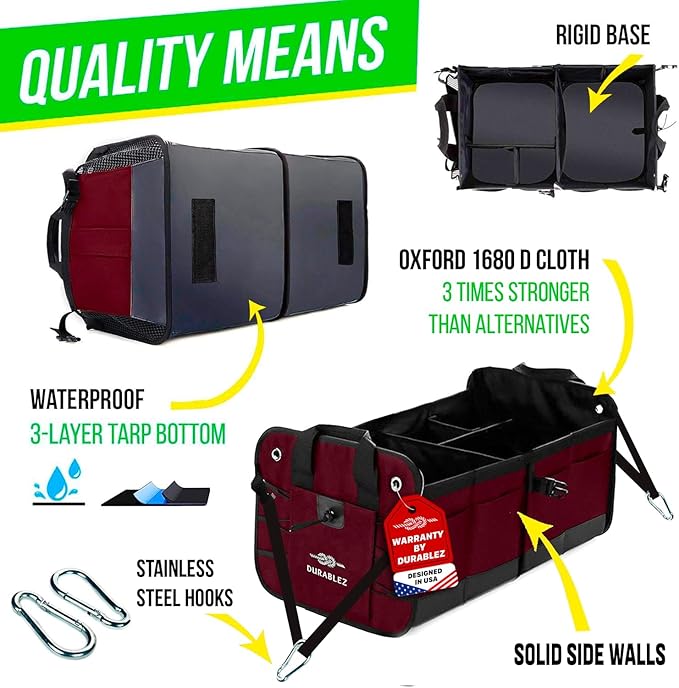 DURABLEZ XL Trunk Organizer 3-Section for SUV, Truck, Sedan, Van – Modular L-Shape Car Storage Box, Collapsible Auto Cargo Organizer with Dividers – Cherry
