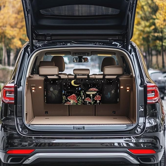Mushroom Printed Car Trunk Organizer, Collapsible Auto Backseat Hanging Storage Bag Wear-Resistant Oxford Fabric Hanging Trunk Organizer for Car Truck SUV