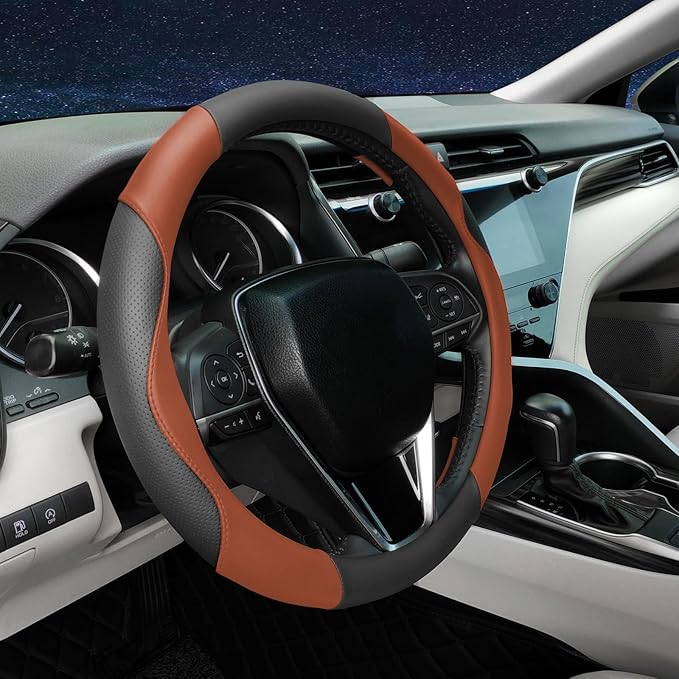 Mihecor Steering Wheel Cover Universal Standard Size 14.5-15 inch, Breathable Microfiber Leather, Anti-Slip, Soft Grip, Sporty Design, Fits for Cars SUVs Trucks, Black and Orange
