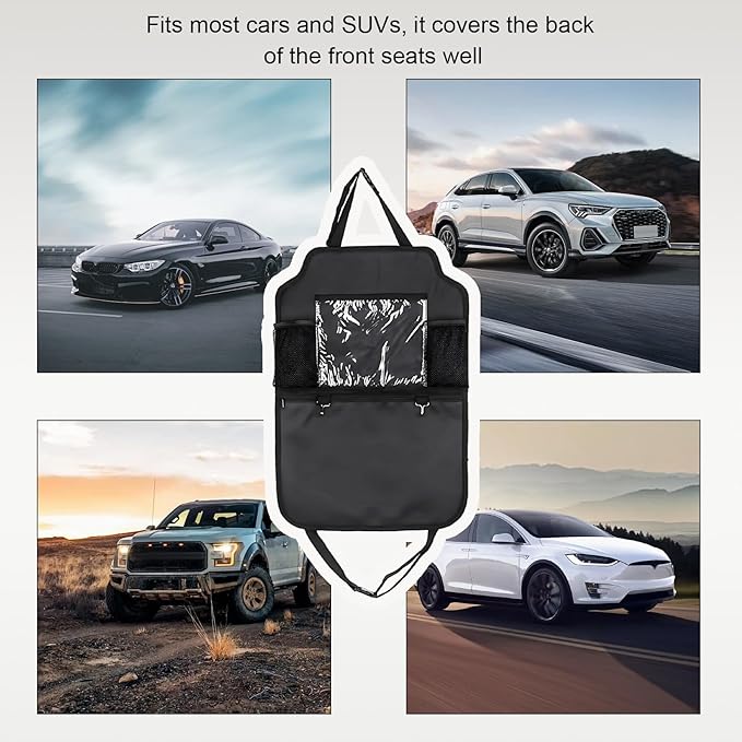 2 PCS Car Backseat Organizer, Heavy Duty Seat Back Storage Bag with Touch Screen Tablet Holder, Waterproof Kick Mats Back Seat Protector for Kids Toddlers, Car Accessories (Zipper)