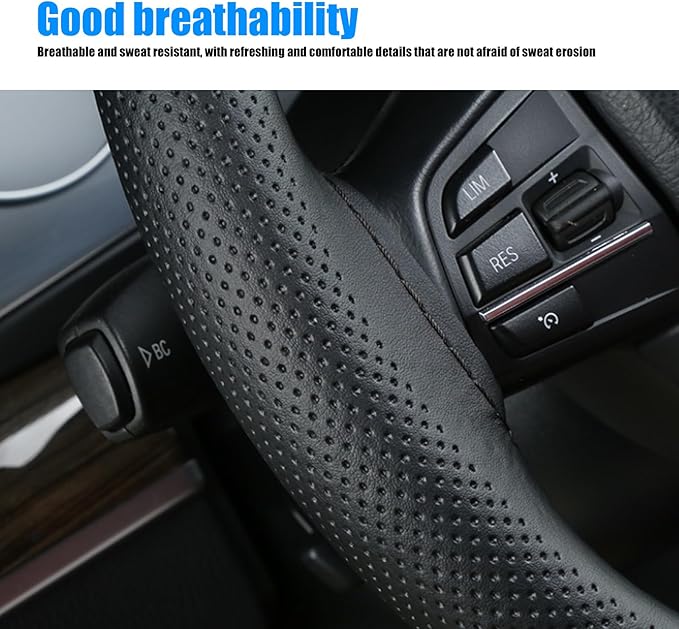 Pack-1 Leather Steering Wheel Cover, Universal Non-Slip Stitch On Wrap, DIY Car Wheel Cover Protector with Needle and Thread for Most Cars SUVs and Trucks (Black #4)
