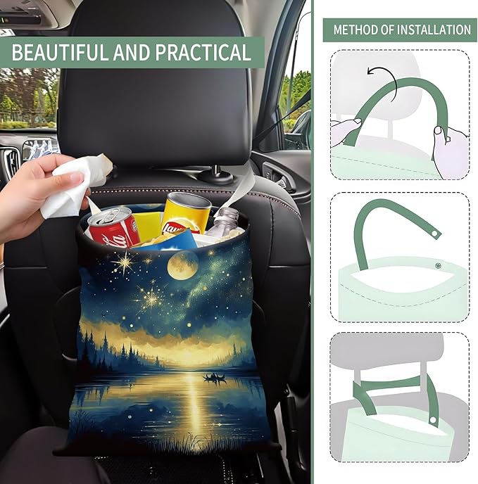 AXZOPDE Cute Car Trash Can, Hanging Canvas Car Back Seat Organizer and Storage Bag, Funny Car Trash Bag for Travelling, Outdoor Night Lake Reflection Pattern